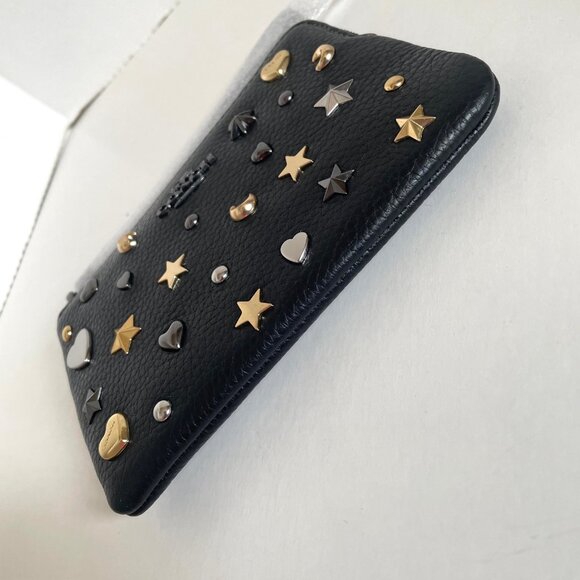 Coach Corner Zip Wristlet CCJ75 Black Leather Moon Stars Hearts Rivets Wallet - Picture 10 of 11